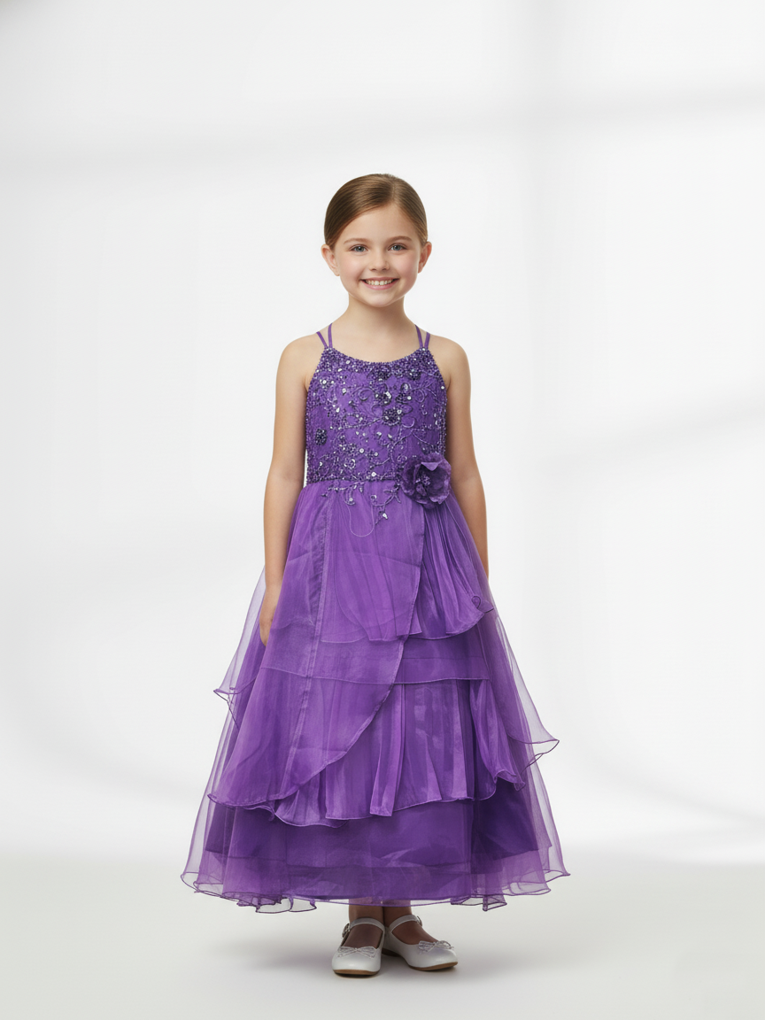 Enchanting Flower Girl Dress | Purple Tulle Gown with  Floral Embroidery | Special Occasion Party Dress for Toddler/Girl