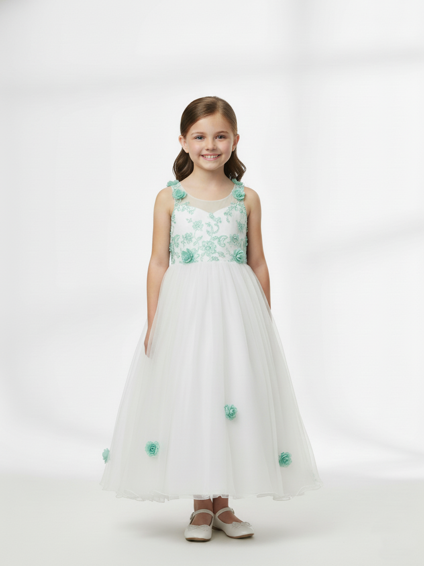Enchanting Flower Girl Dress | White Tulle Gown with Mint Green Floral Embroidery | Special Occasion Party Dress for Toddler/Girl